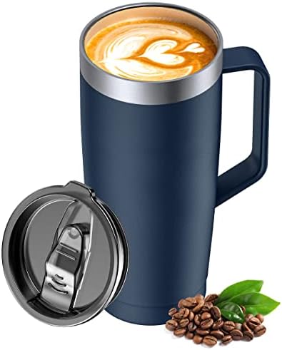 LyriFine Travel Coffee Mug 24oz, Insulated Coffee Mug for Hot and Cold Drink, Double-Wall Vacuum Stainless Steel Coffee Cup with Handle and Sliding Lid for Daily Life, Travel, Office, Blue
